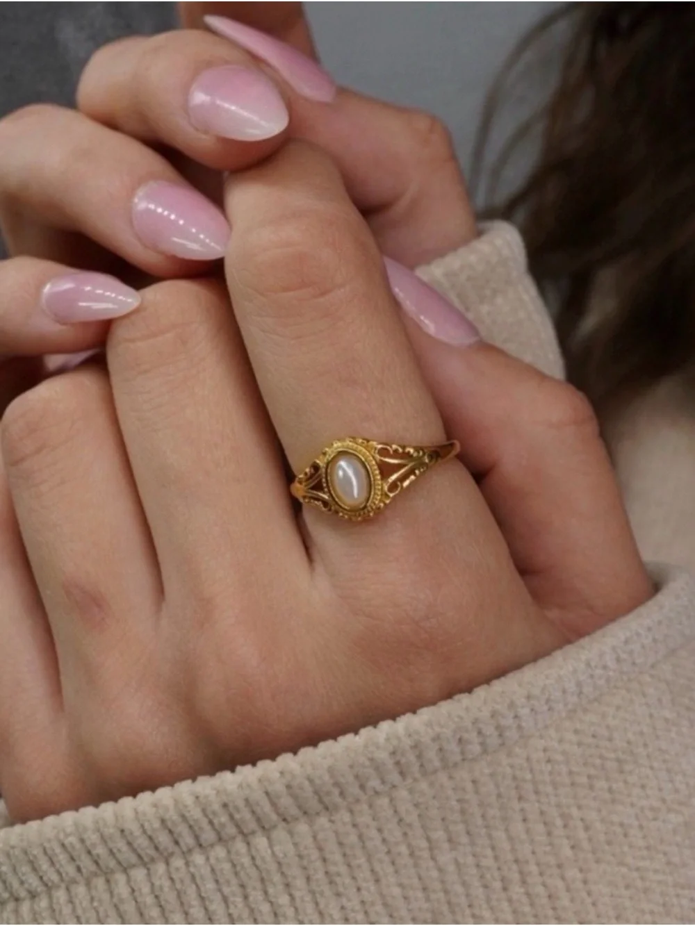 Gold Pearl Oval Filigree Ring - Women Jewelry